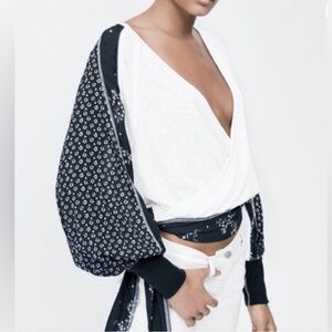 Free People Thermal Austun Surplice Side Tie Balloon Sleeves Black White Top M